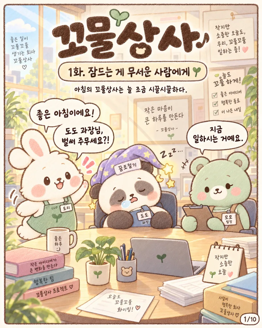 꼬물상사 1화. 잠드는 게 무서운 사람에게. 토리와 모모가 꿈조절기를 시험하는 도도를 지켜보는 표지